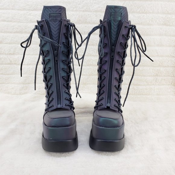 Void Purple Green Reflective Platform Wedge Mid Calf Goth Festival Boots NEW - Picture 14 of 17